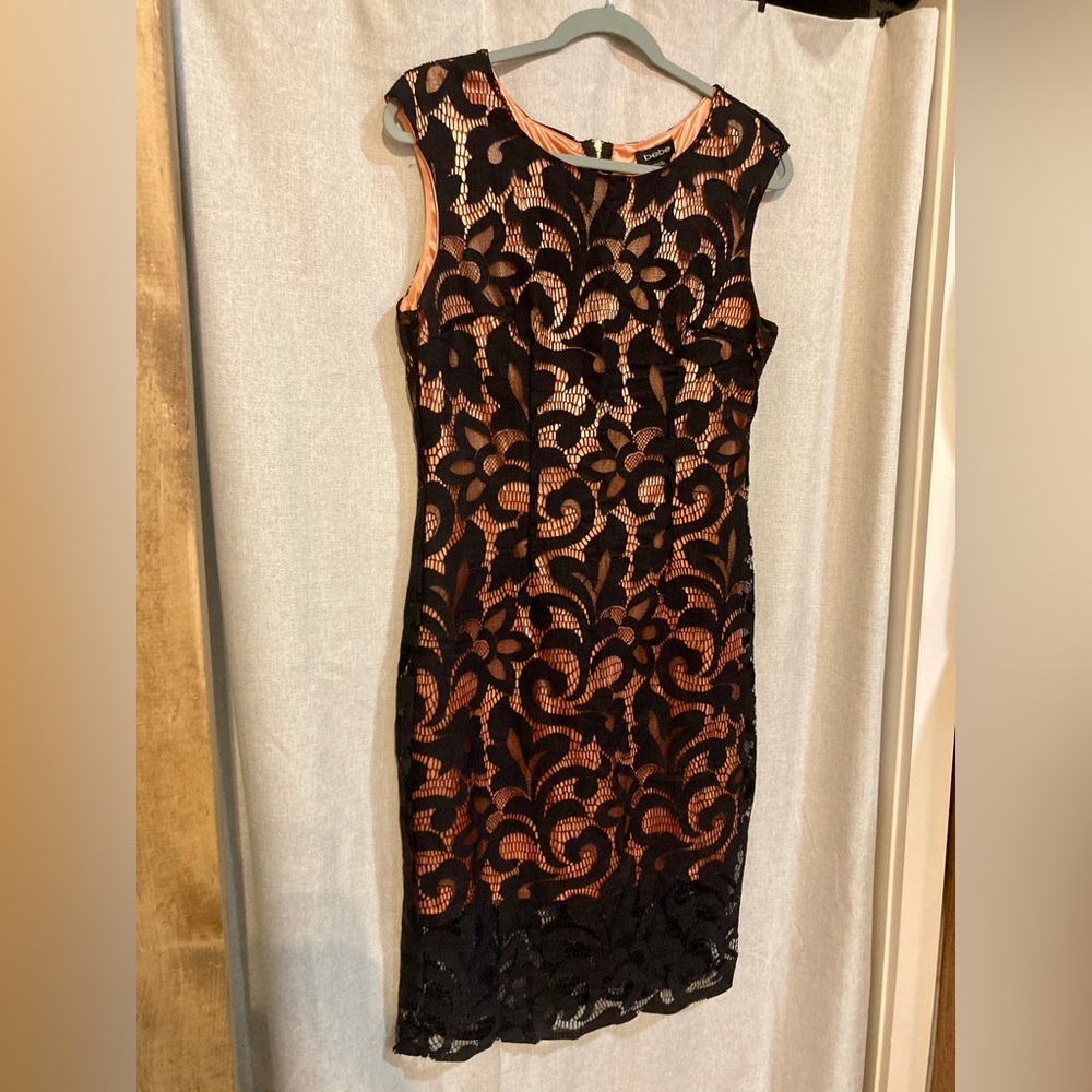 Bebe Sleeveless Dress - Peach with Black Lace Overlay